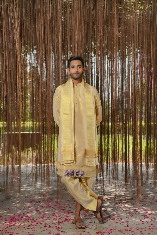 Gold Tissue Kanjivaram Machien Embroidered Pattu Set by Hilo Design | Grocsy