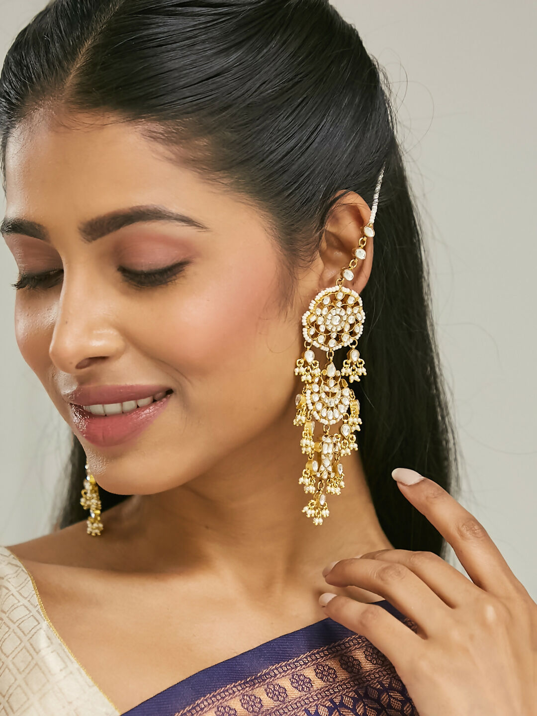 Nuyug 22 K Gold-Plated Elegant Kundan Studded & Pearl Beaded Crescent Shaped Kanauti Earrings | Grocsy