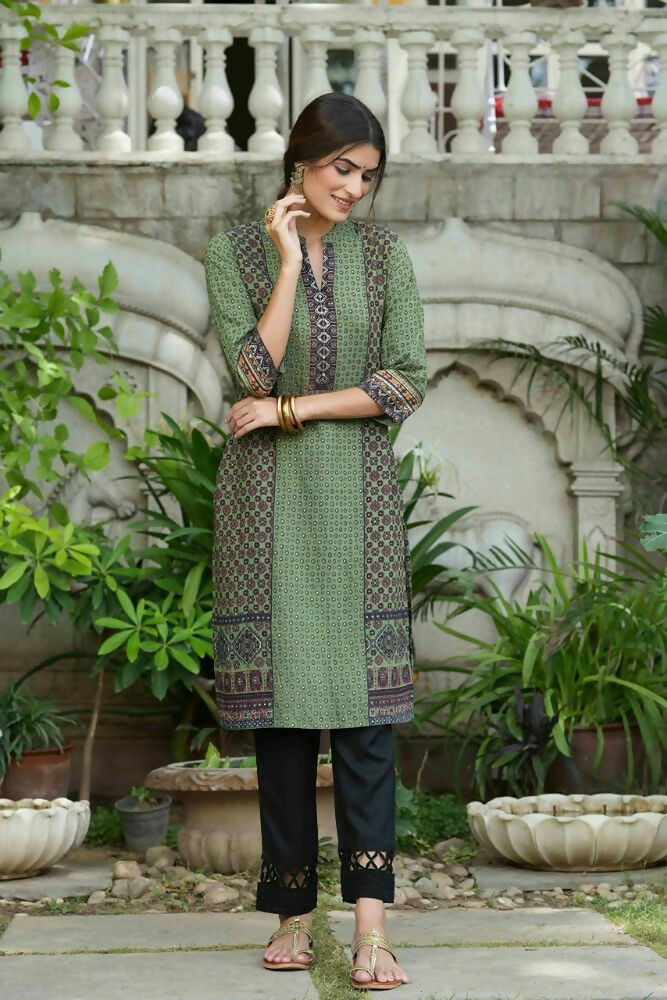Juniper Green Ethnic Motif Printed Rayon calf length Kurta with Beads & Gota Work | Grocsy