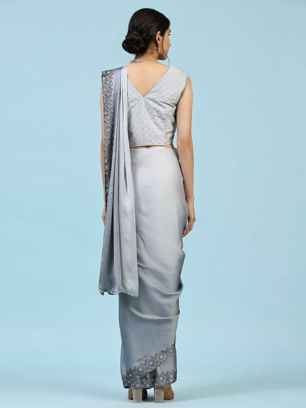 Grey Ombre Satin Georgette Plain Ready to wear Saree with stitched Blouse - Vrinda | Grocsy