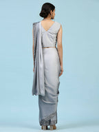 Grey Ombre Satin Georgette Plain Ready to wear Saree with stitched Blouse - Vrinda | Grocsy