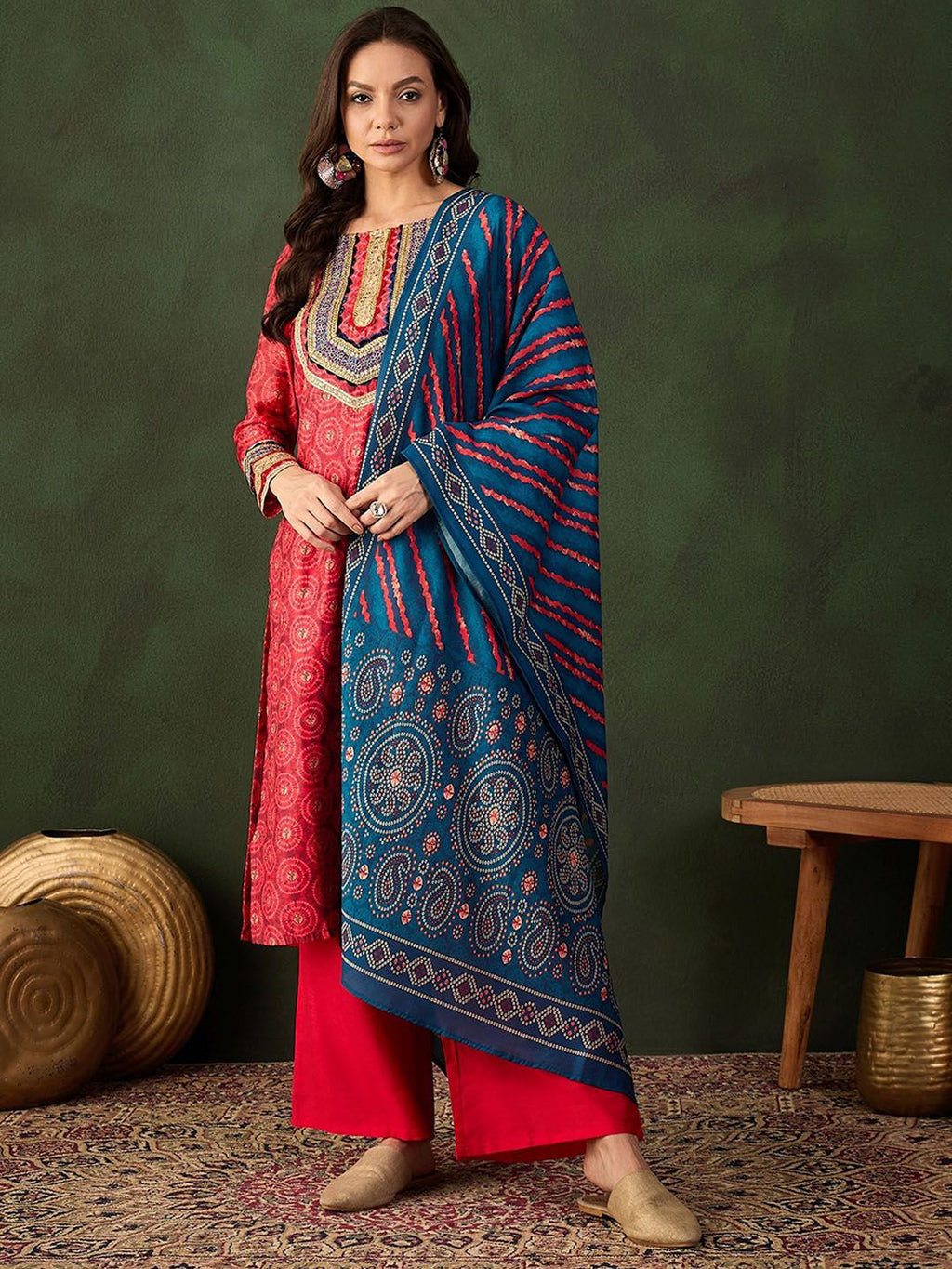 Sangria Embroidered Kurta & Palazzo With Dupatta | Grocsy