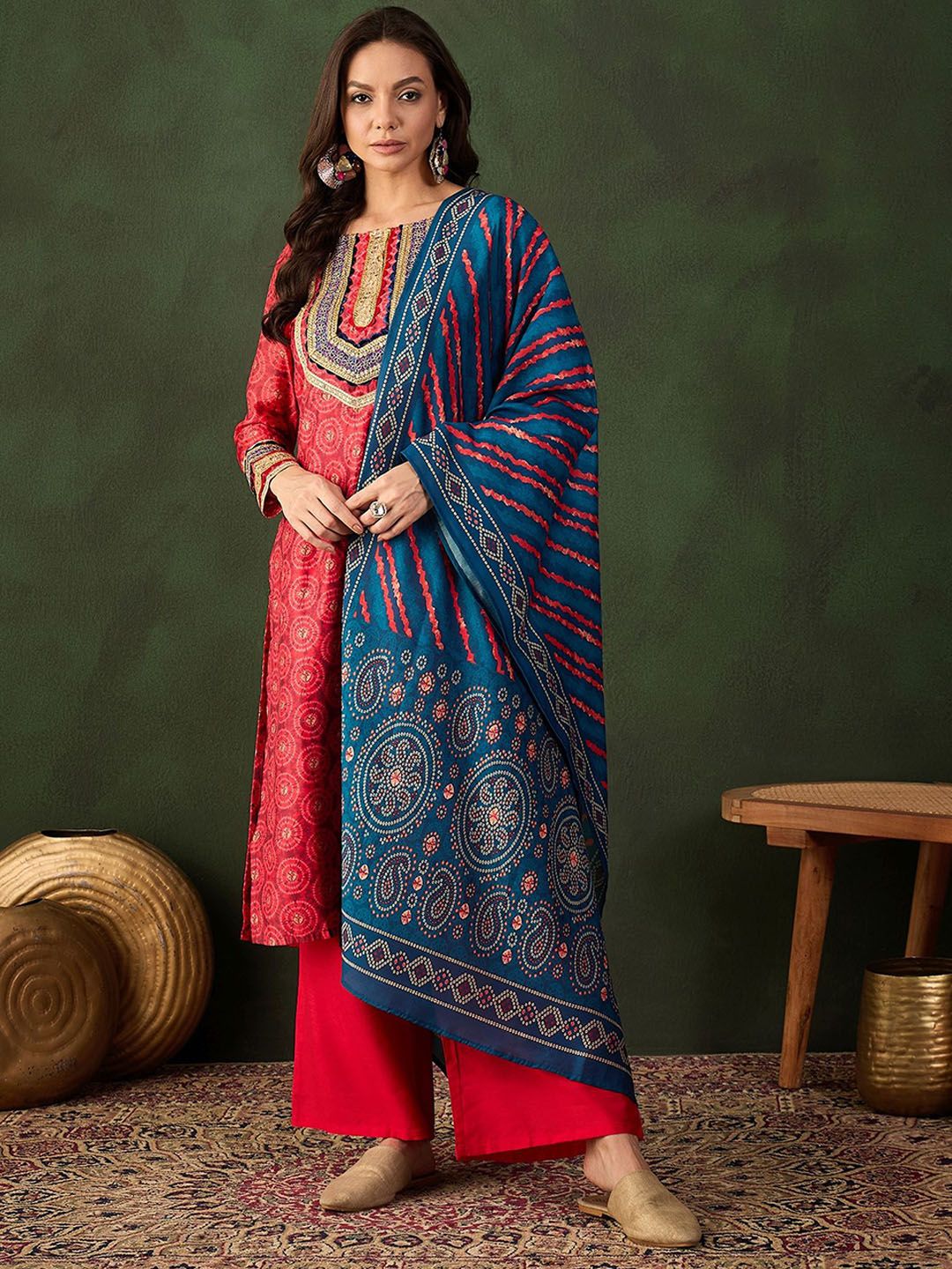 Sangria Embroidered Kurta & Palazzo With Dupatta | Grocsy