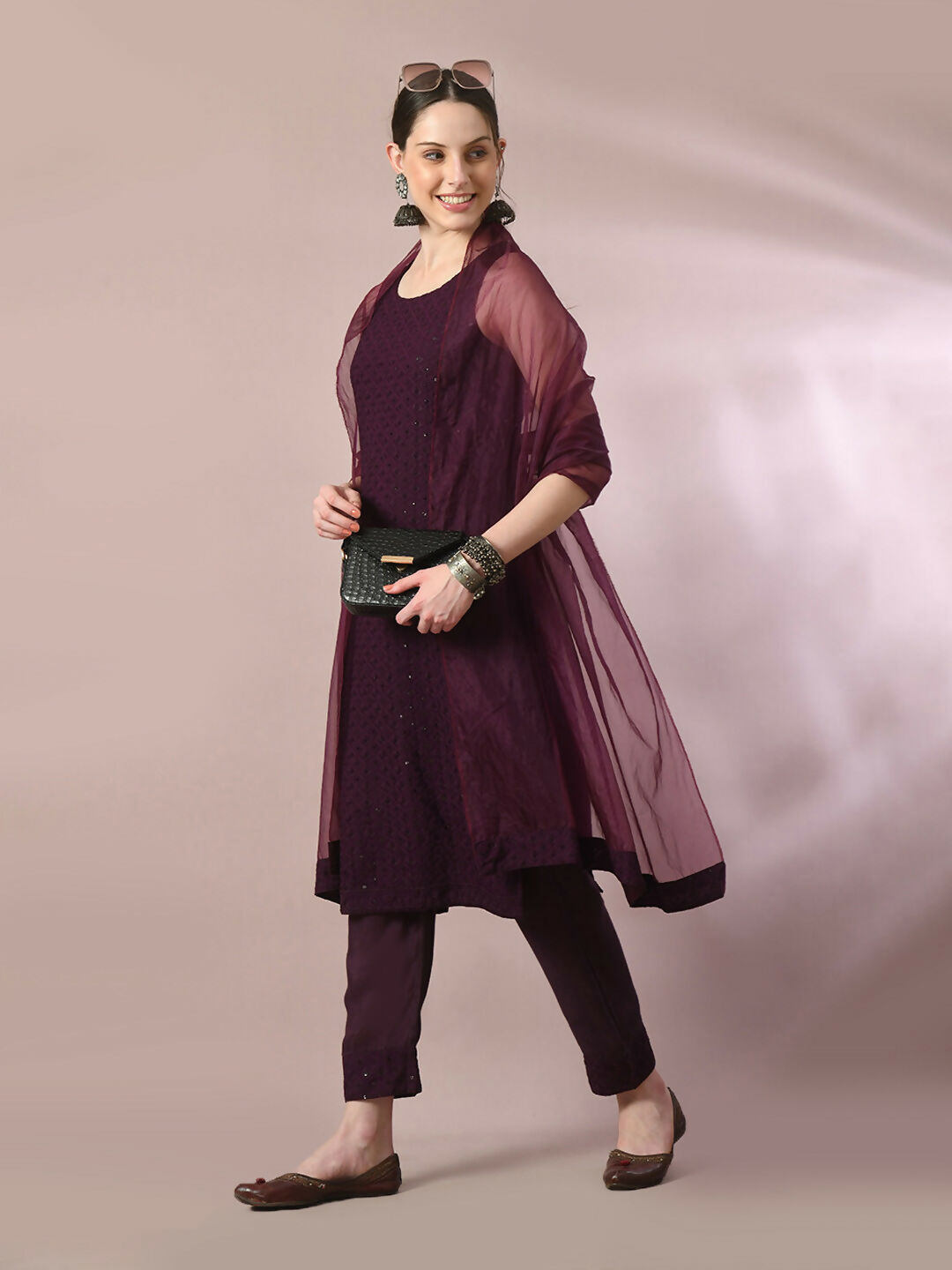 Myshka Women's Magenta Embroidered Cotton Straight Party Kurta Set With Dupatta | Grocsy