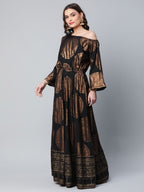 Ahalyaa Womens Black Crepe Copper Foil Printed Maxi Dress | Grocsy