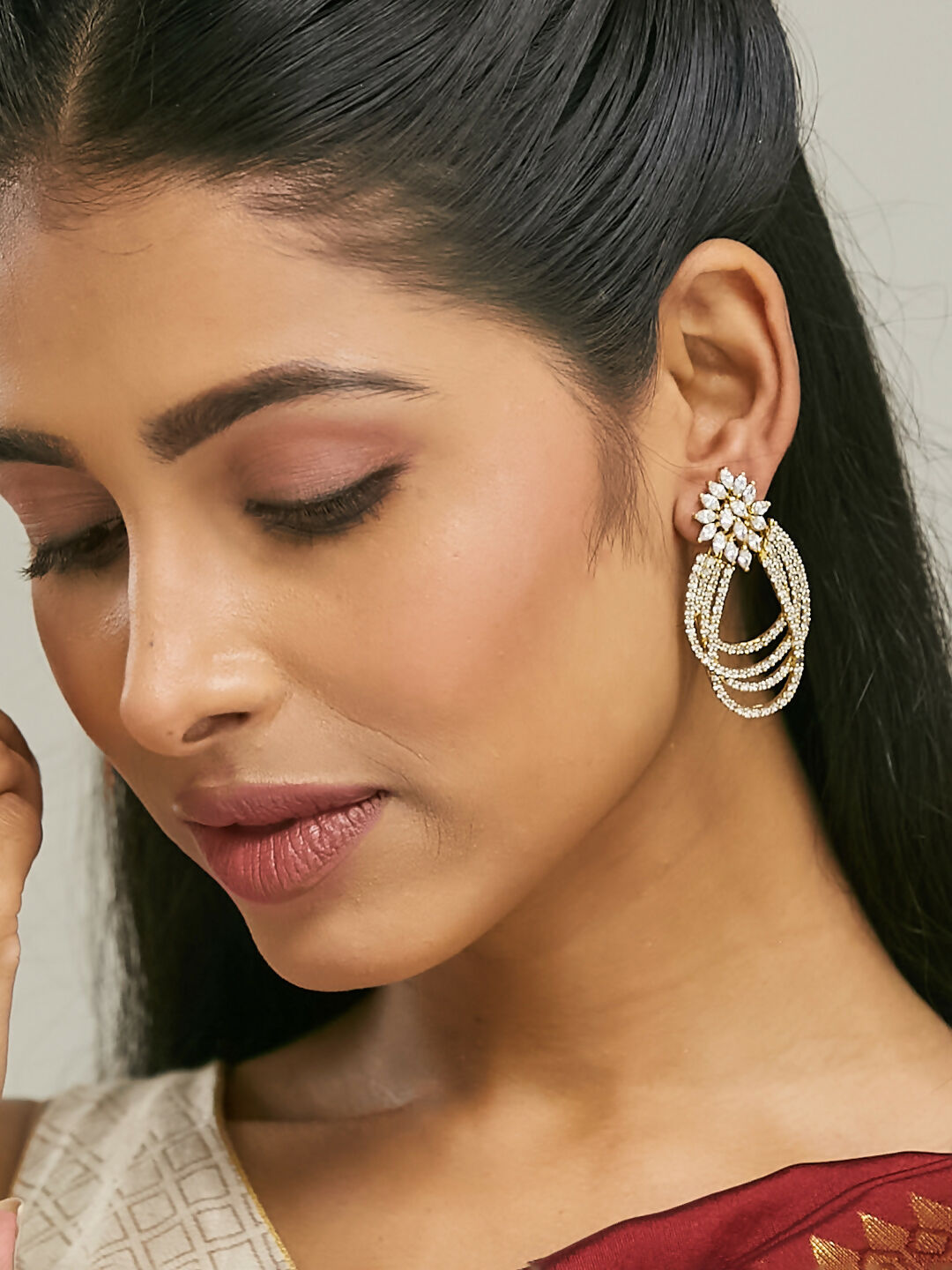 Nuyug 22K Gold-Plated Floral Motif Zircon Stone Studded Teardrop Shaped Elegant Drop Dangler Earrings | Grocsy