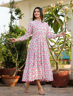 Kaajh Women's Pink Floral Print Cotton Handblock Dress | Grocsy