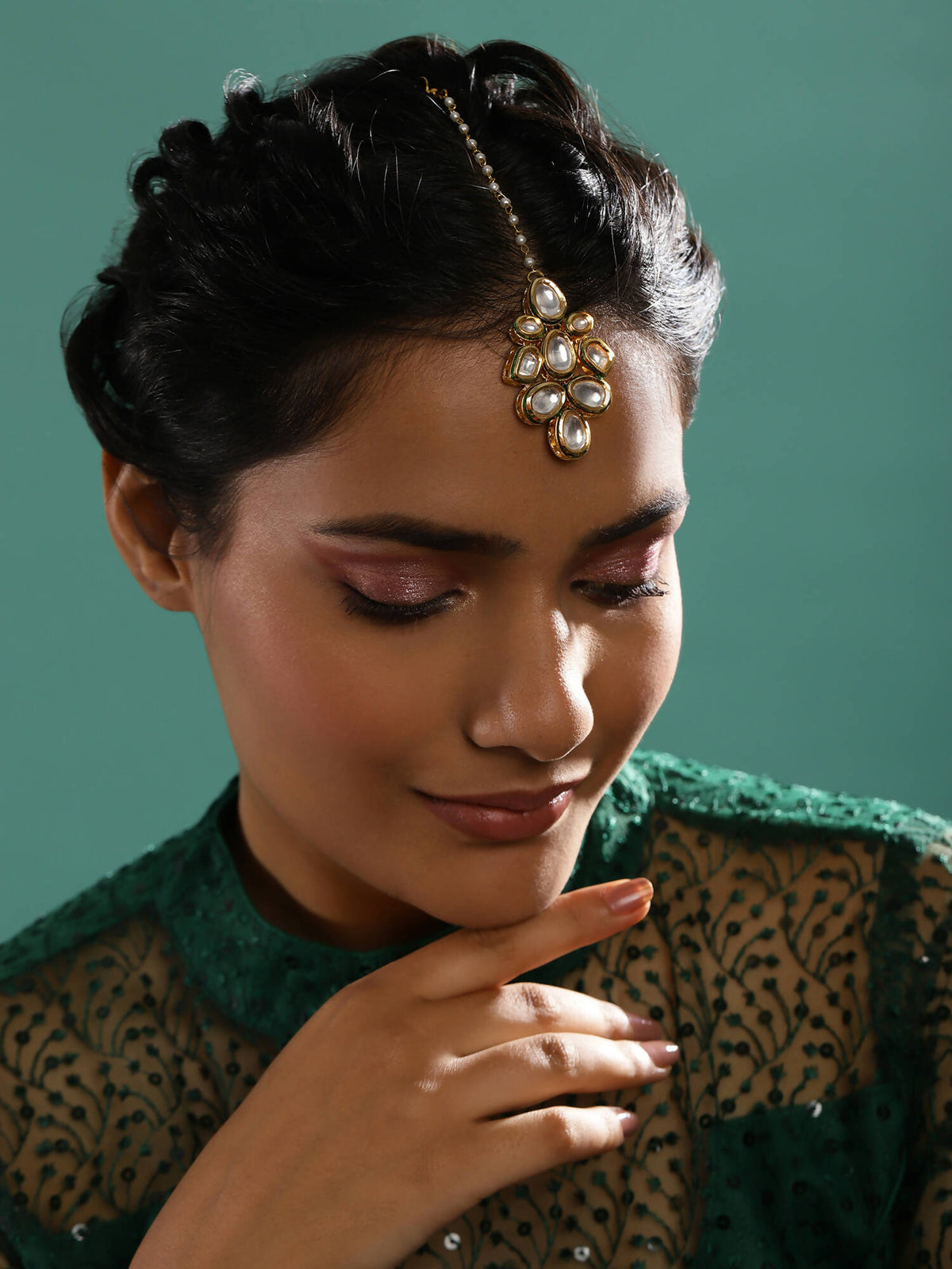 White Gold-Polished Kundan Studded Beaded Maang Tikka - Ruby Raang | Grocsy