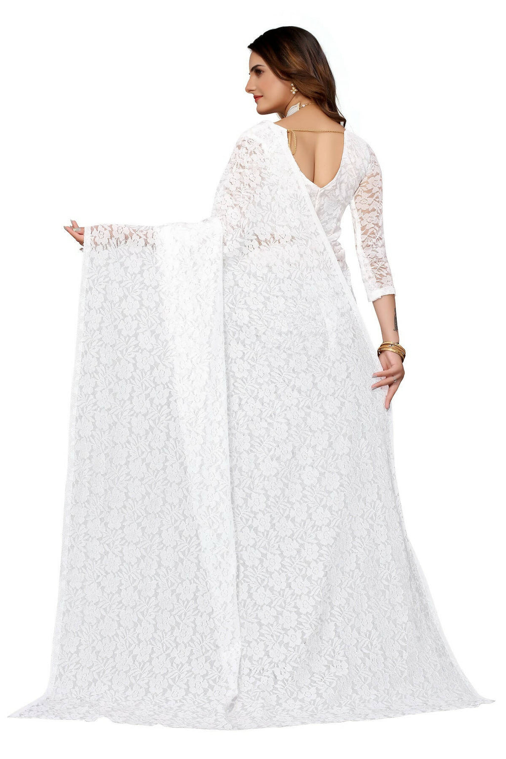Vamika White Pearls Net Saree | Grocsy