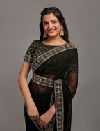 PR Fashion Black Zometo Embroidery Lace Saree | Grocsy