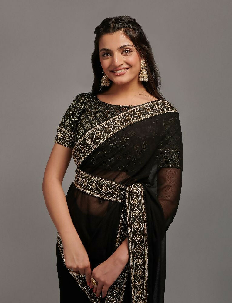 PR Fashion Black Zometo Embroidery Lace Saree | Grocsy