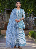 Juniper Women's Blue Cotton Cambric Floral Placement Printed Anarkali Kurta Sharara & Dupatta Set | Grocsy