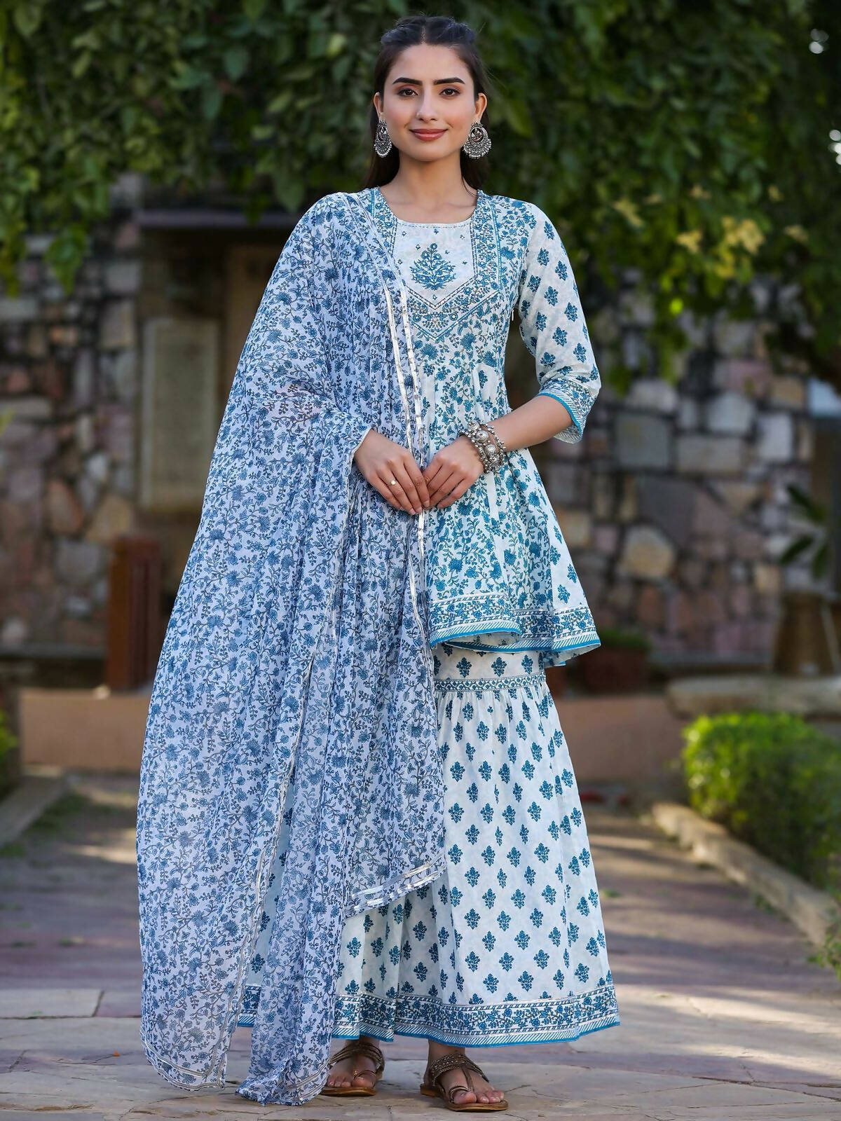 Juniper Women's Blue Cotton Cambric Floral Placement Printed Anarkali Kurta Sharara & Dupatta Set | Grocsy