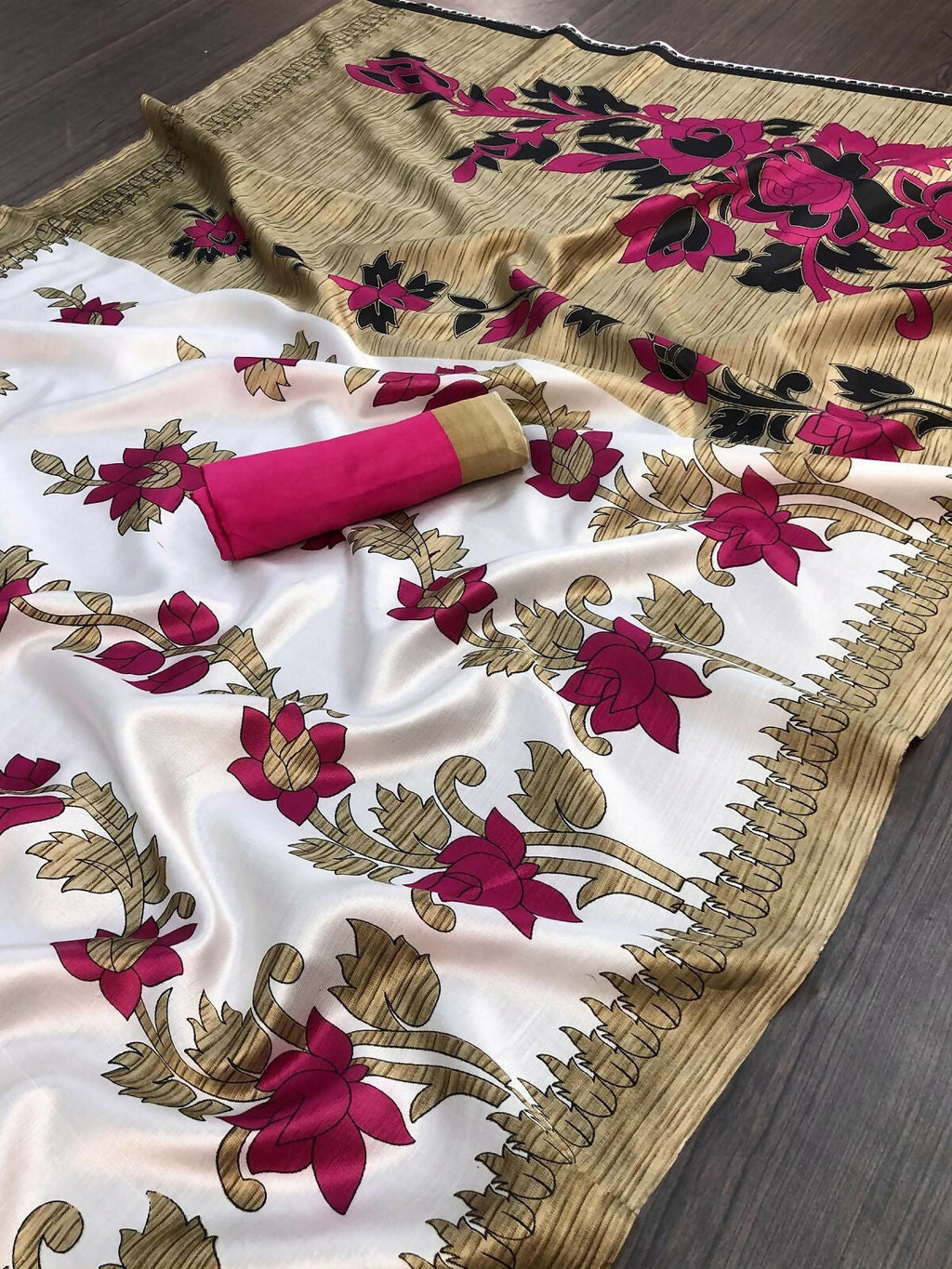 Vamika White Printed Art Silk Saree | Grocsy