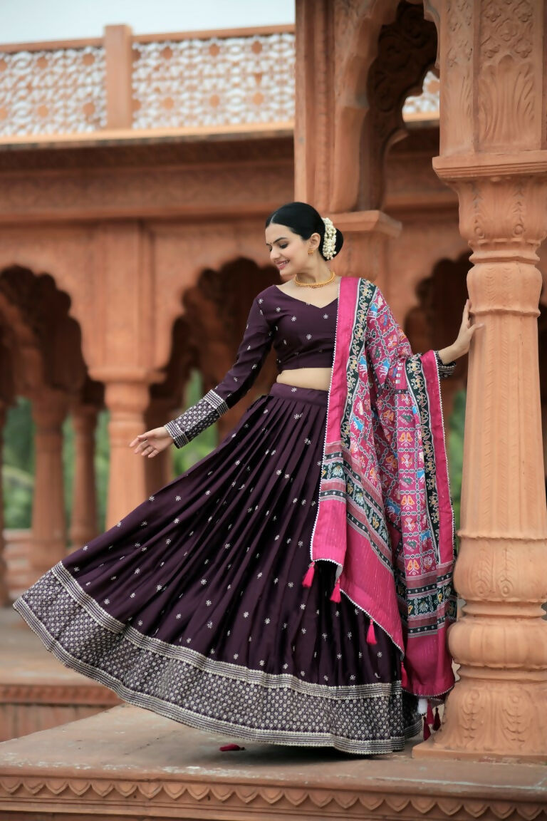 Vastranavya Navaratri Collection Myra Silk Lehenga & Blouse With Maslin Crochet Printed Dupatta Set - Wine | Grocsy