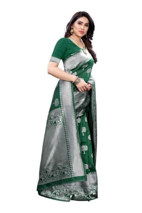 Vamika Banarasi Jacquard Weaving Green Saree (AMEE GREEN) | Grocsy