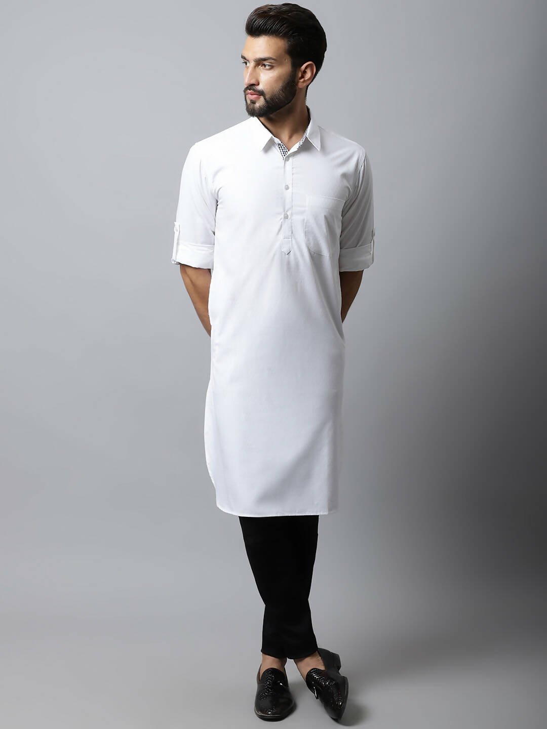 Even Apparels White Color Pure Cotton Solid Men's Kurta With Shirt Collar (SLD1203) | Grocsy