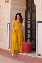 Joban Fashion Yellow Georgette Sequence Embroidery Work Gown | Grocsy