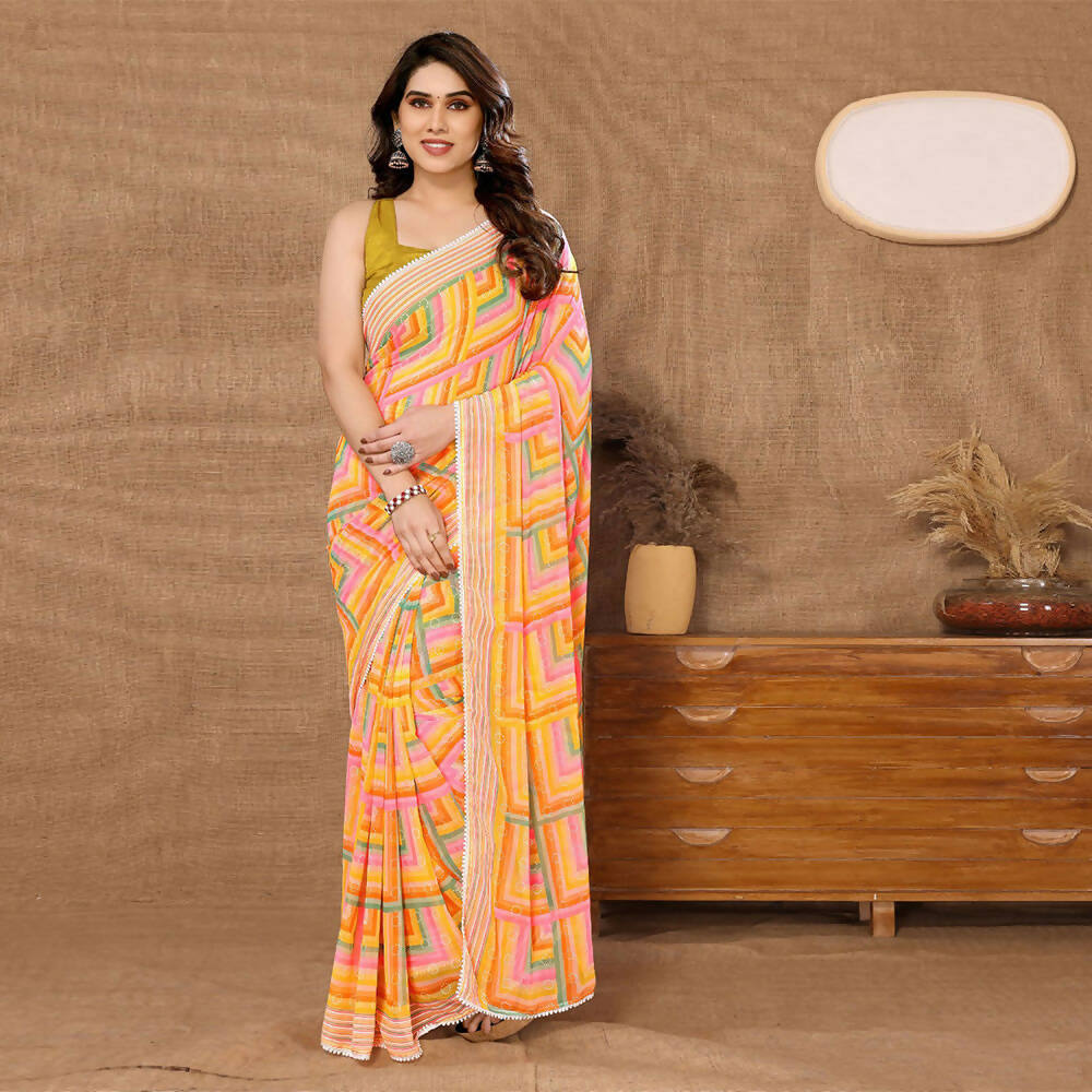 Women's Partywear Designer Yellow Georgette Fancy Saree - Satrangi | Grocsy