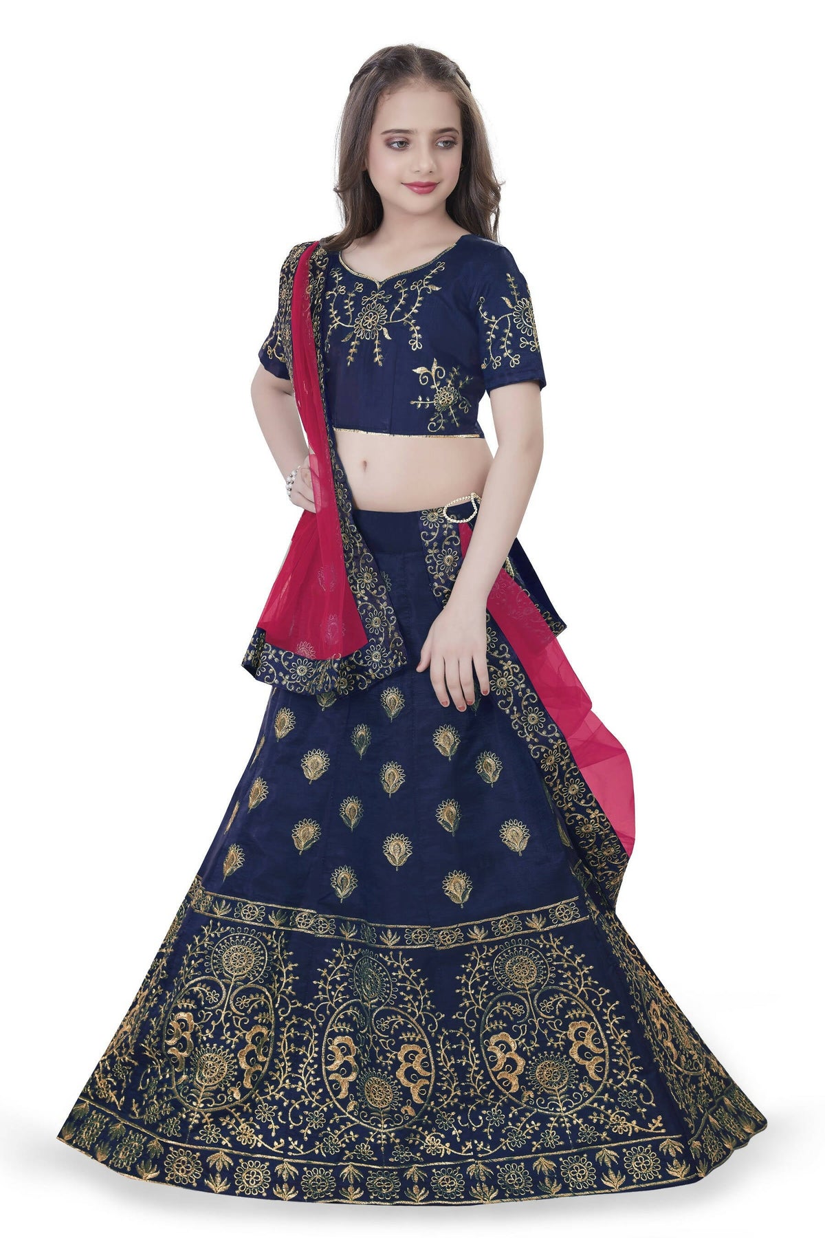 Dwiden Navy Blue Gulab Tafetta Sattin Semi-Stitched Girl's Lehenga Choli | Grocsy