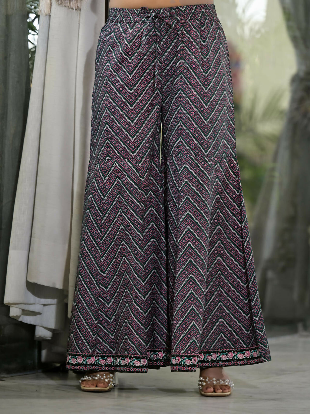 Juniper Women's Green Floral Printed Georgette Kurta Sharara & Dupatta Set With Sequins | Grocsy