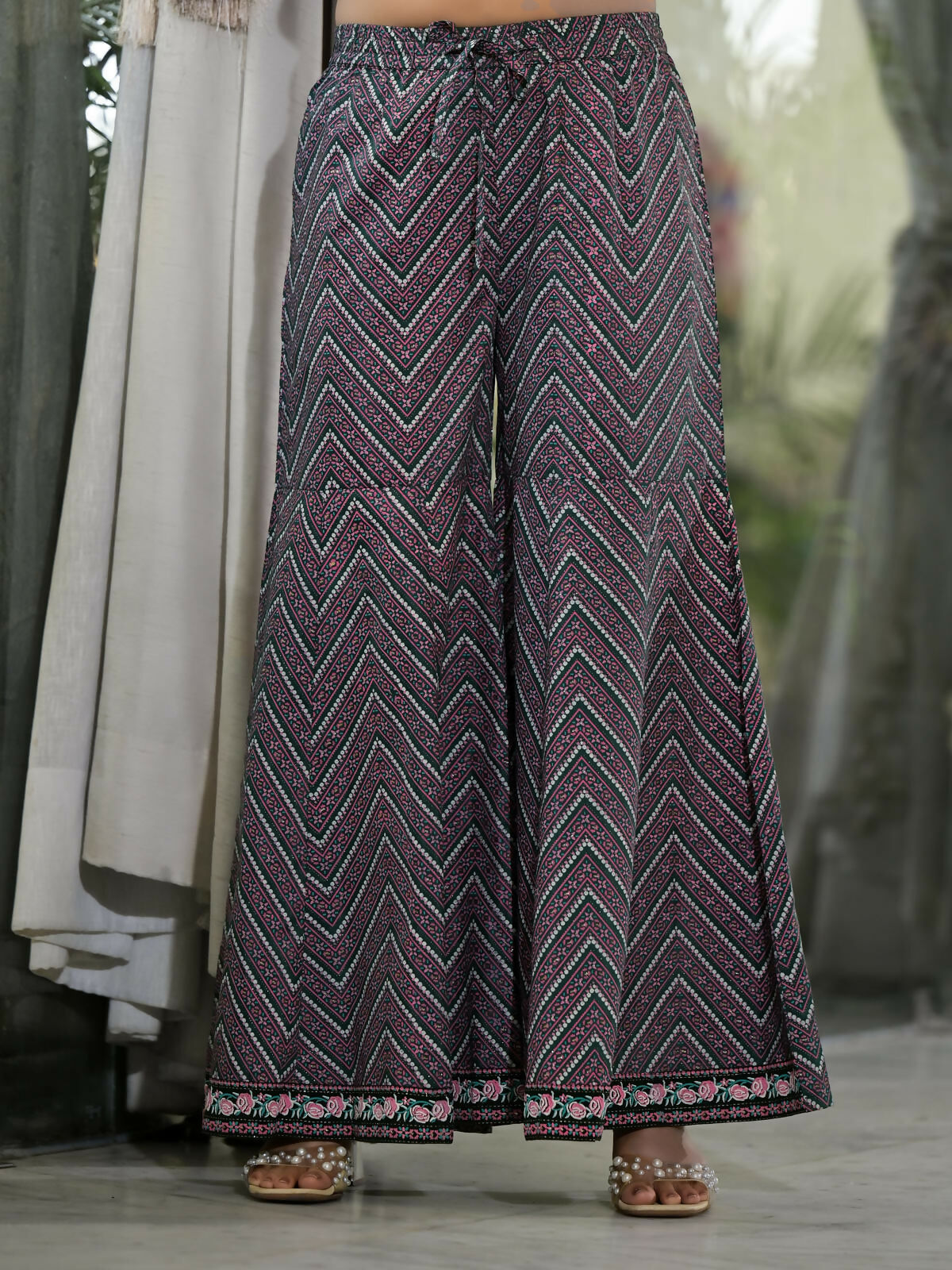 Juniper Women's Green Floral Printed Georgette Kurta Sharara & Dupatta Set With Sequins | Grocsy