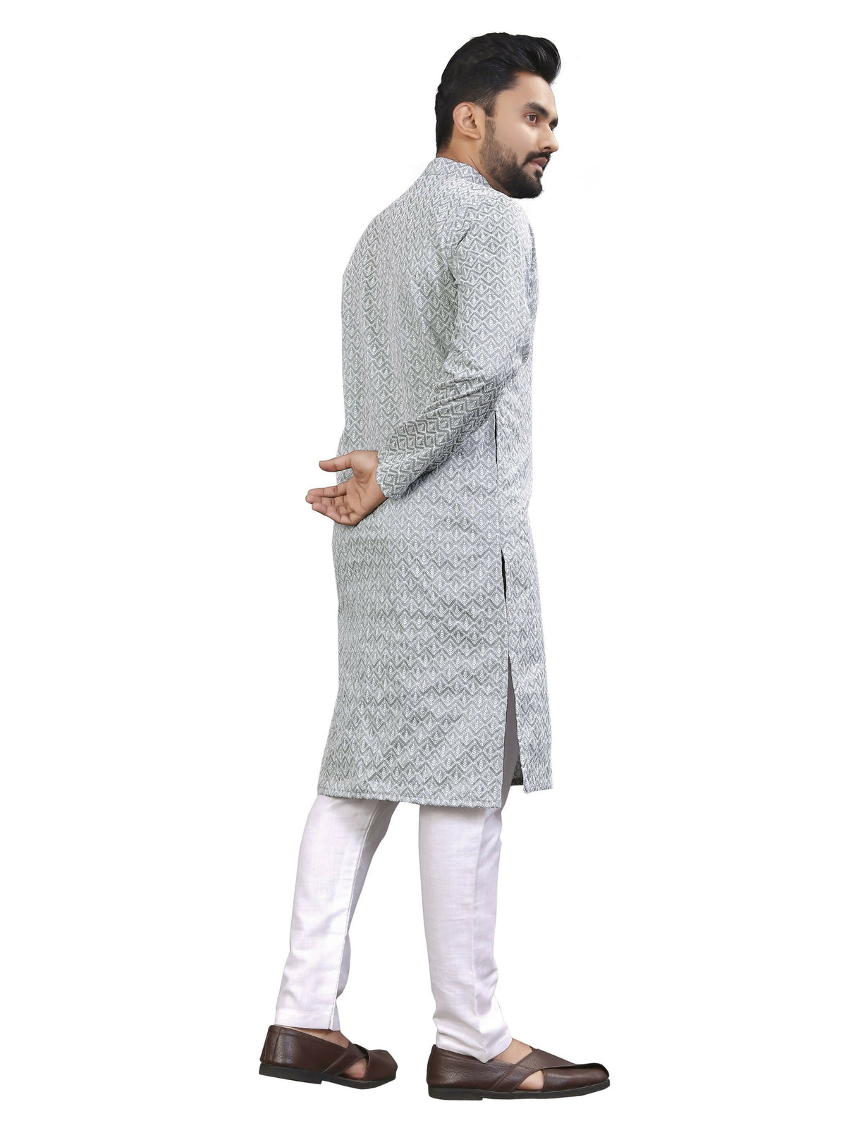 Anaita Grey Lucknowi Work Silk Straight Kurta | Grocsy