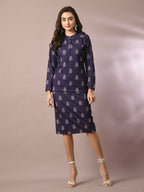 Myshka Women's Navy Blue Printed Knee Length Party Embellished Skirts | Grocsy