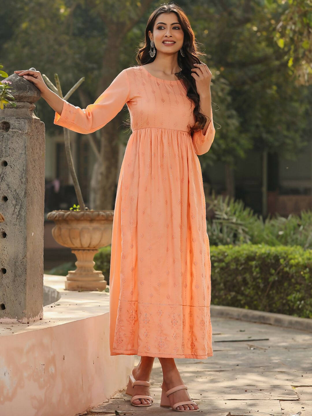 Juniper Women's Peach Festive Embroiderd Flared Dress | Grocsy