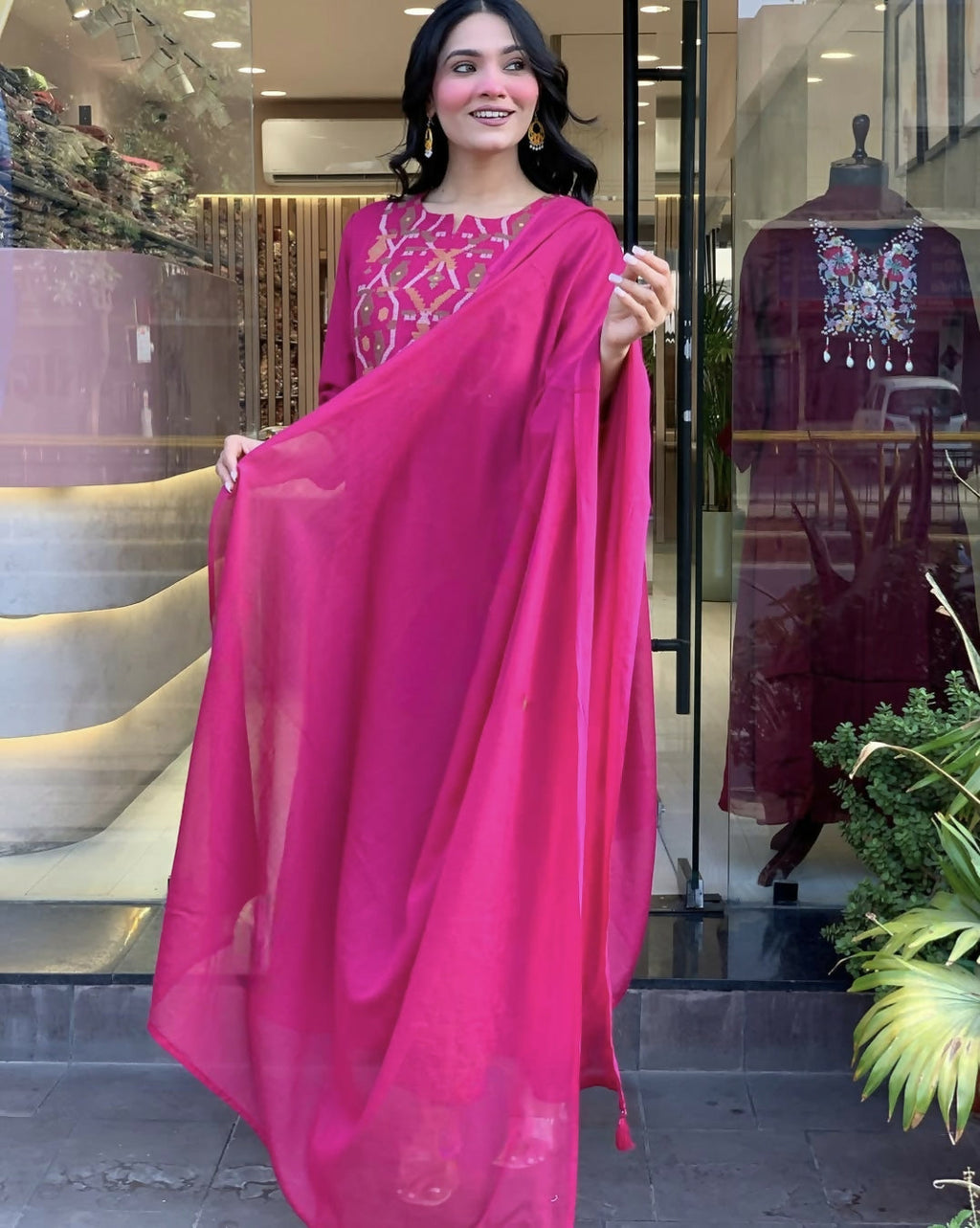 The52 Pink Women's Gorgeous Chanderi Fabric Embroidered Work Straight Kurta Pant and Dupatta Set | Grocsy