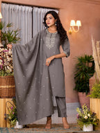Juniper Women's Dark Grey Zari Embroidered Viscose Kurta Pant And Dupatta Set | Grocsy