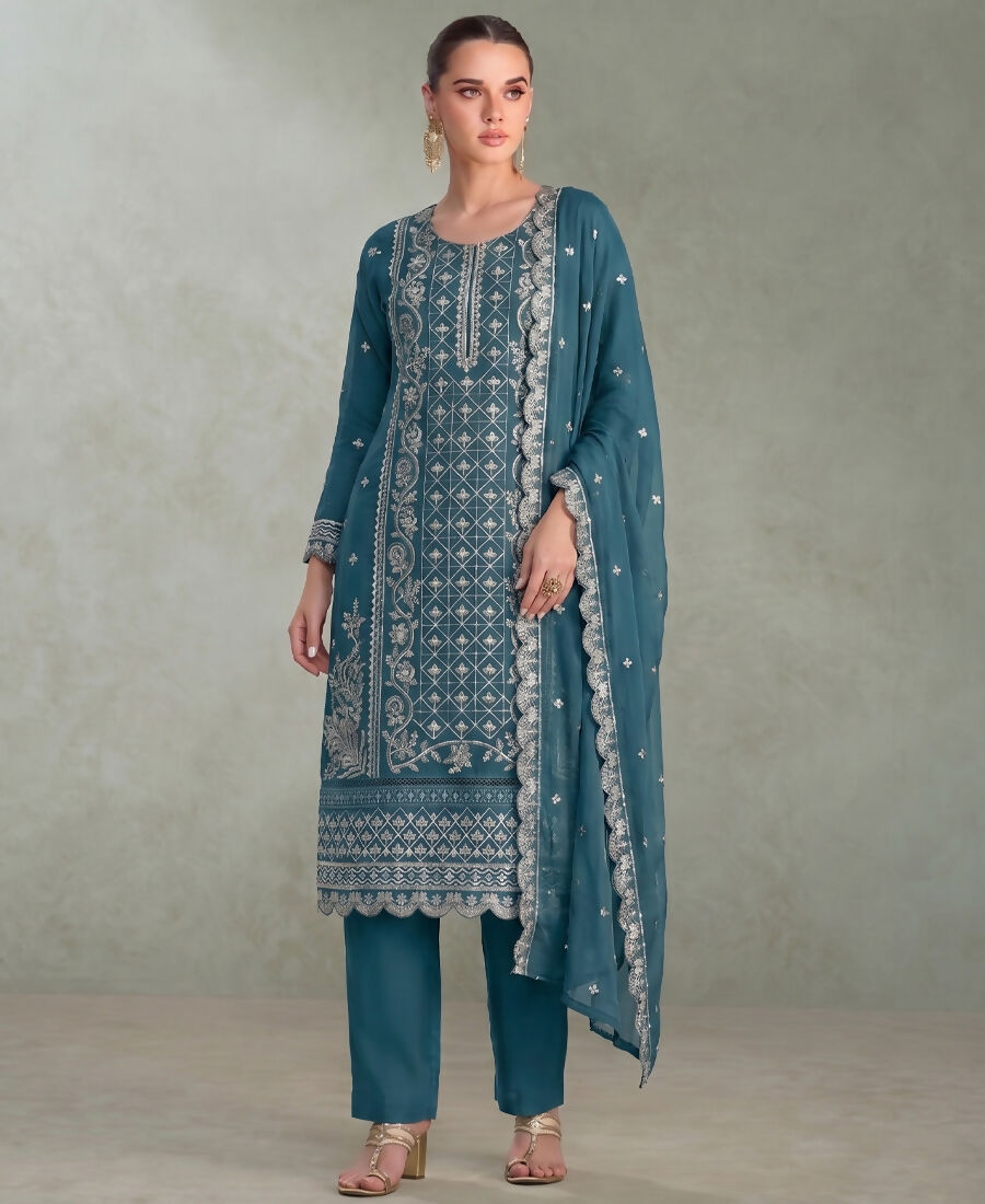 KC Sky Blue Pakistani Straight Suit For Women Chiffon | Grocsy