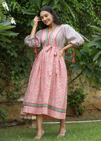 Kaajh Women's Pink Hand Block Printed Dress | Grocsy