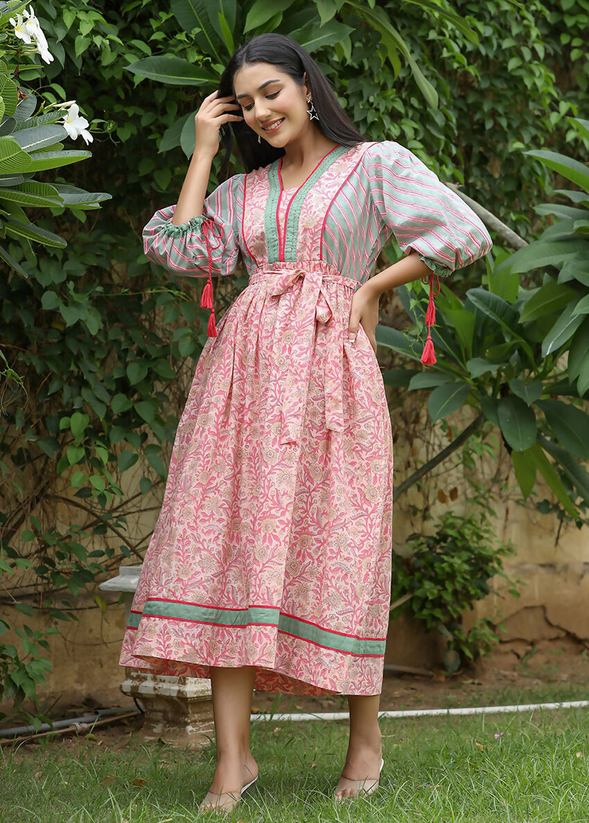 Kaajh Women's Pink Hand Block Printed Dress | Grocsy
