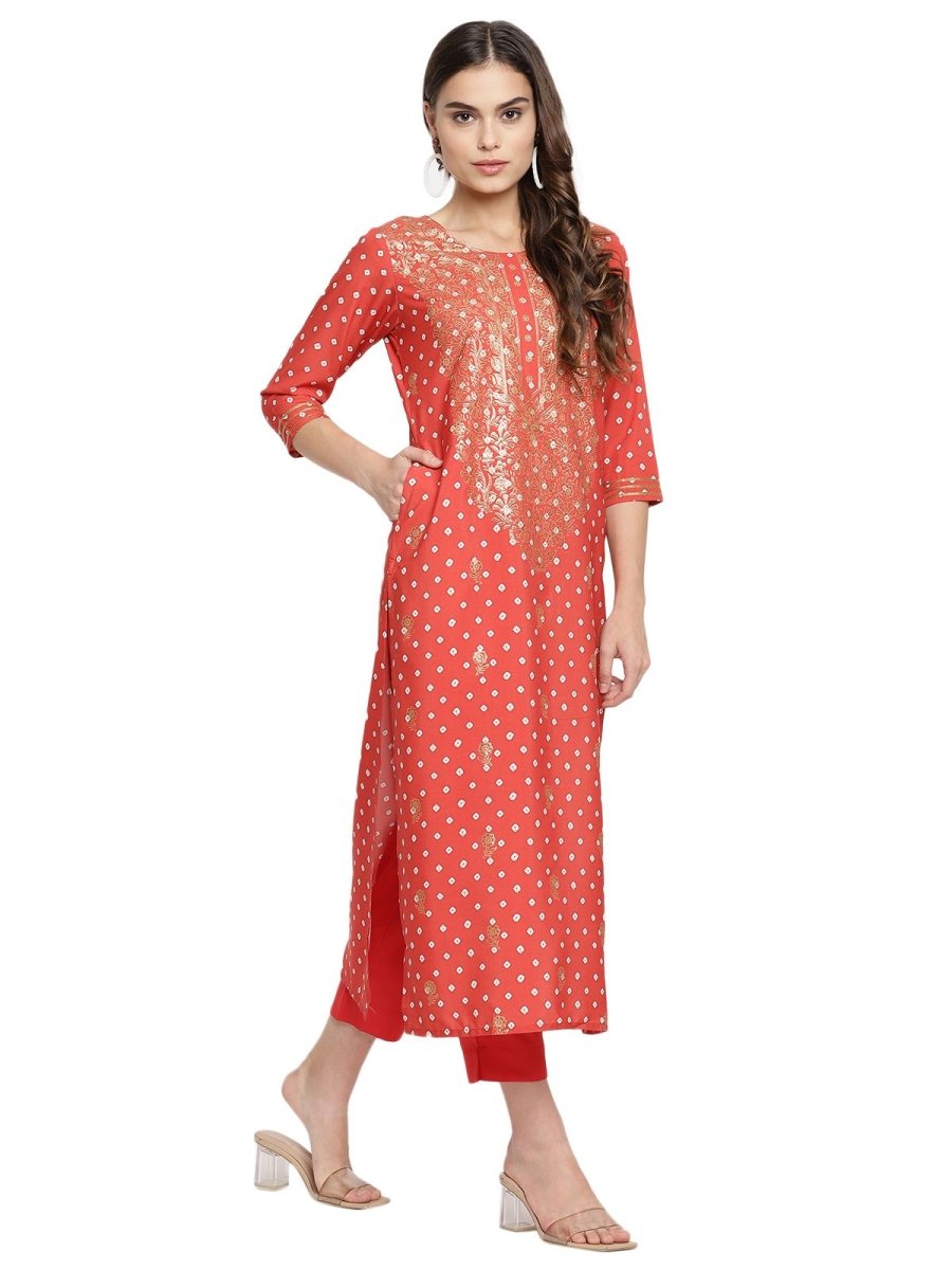 Ahalyaa Red Crepe Bandhani Gold Printed Kurta Pant With Dupatta | Grocsy
