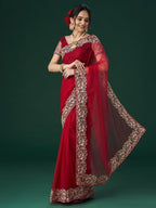 kasee Women's Aari Work Embroidered Net Sarees | Grocsy