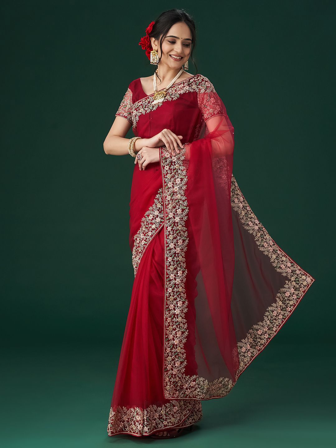 kasee Women's Aari Work Embroidered Net Sarees | Grocsy