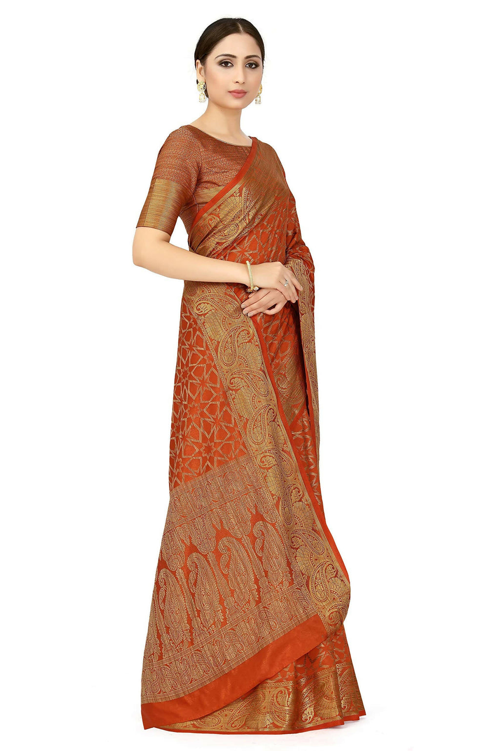 Mimosa Women's Rust Orange Patola Art Silk Saree | Grocsy