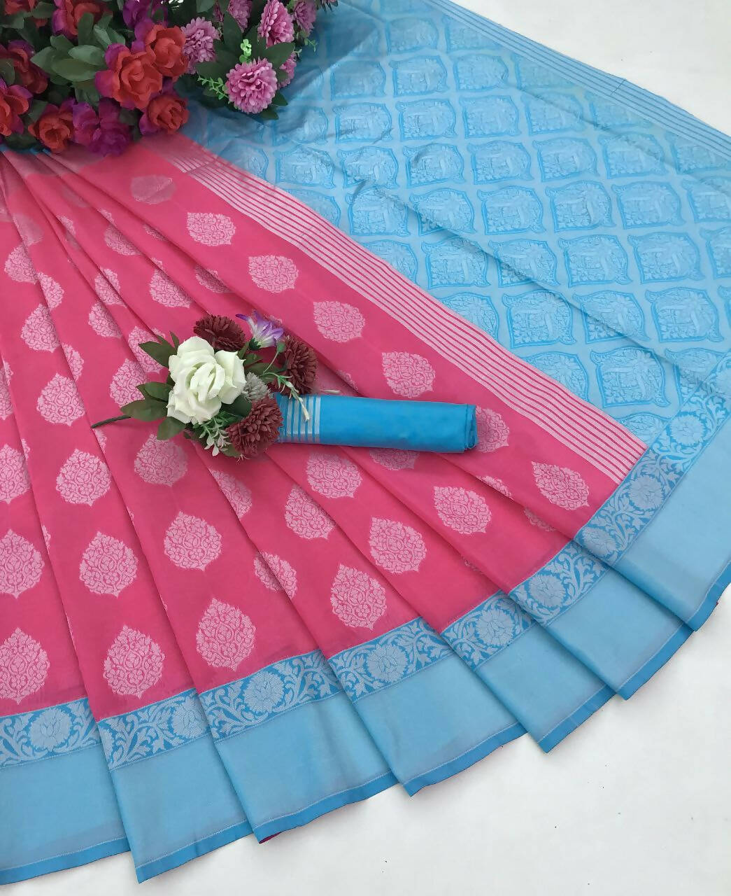 DEIANA'S Beautiful Designer Golden zari Soft Lichi Silk Saree - Pink | Grocsy