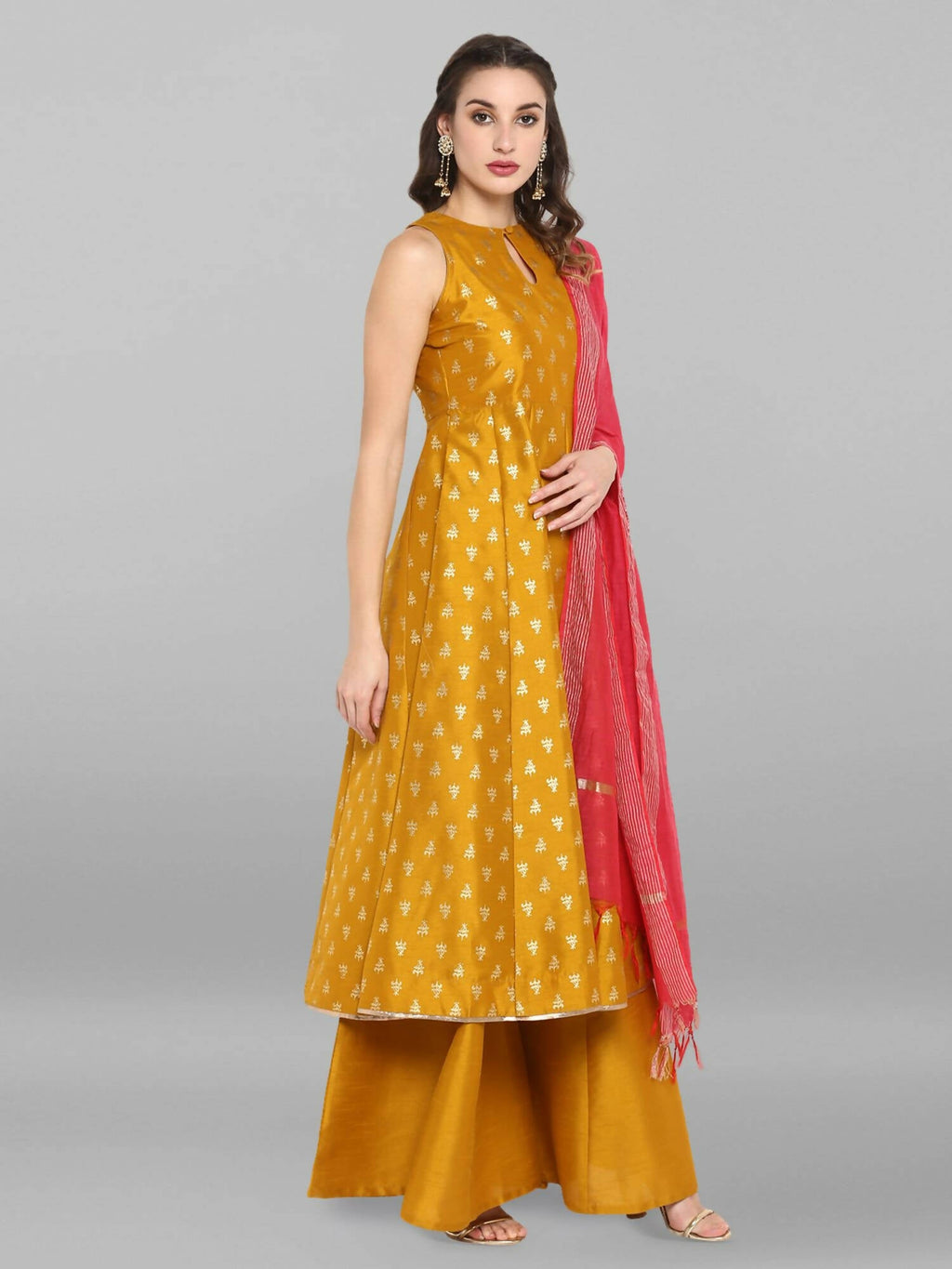 Janasya Women's Mustard Rayon Foil Print Kurti With Palazzo | Grocsy