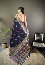 Joban Fashion Navy Blue Elephant & Floral Motifs Soft Lichi Silk Banarasi Saree | Grocsy