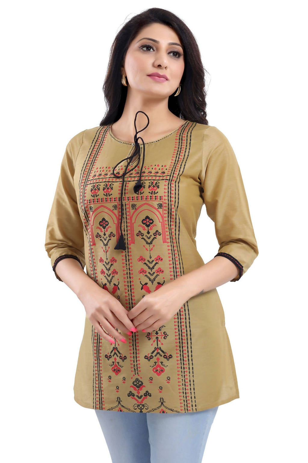 Snehal Creations Luxurious Fine Gold Cotton Silk Short Tunic Top | Grocsy