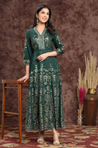 Juniper Women Jadegreen Rayon Printed Anarkali Dress | Grocsy