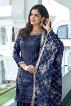 Teeya Creation Blue Colour Chinnon Silk Heavy Embroidery Work Fully Stitched Salwar Suit | Grocsy