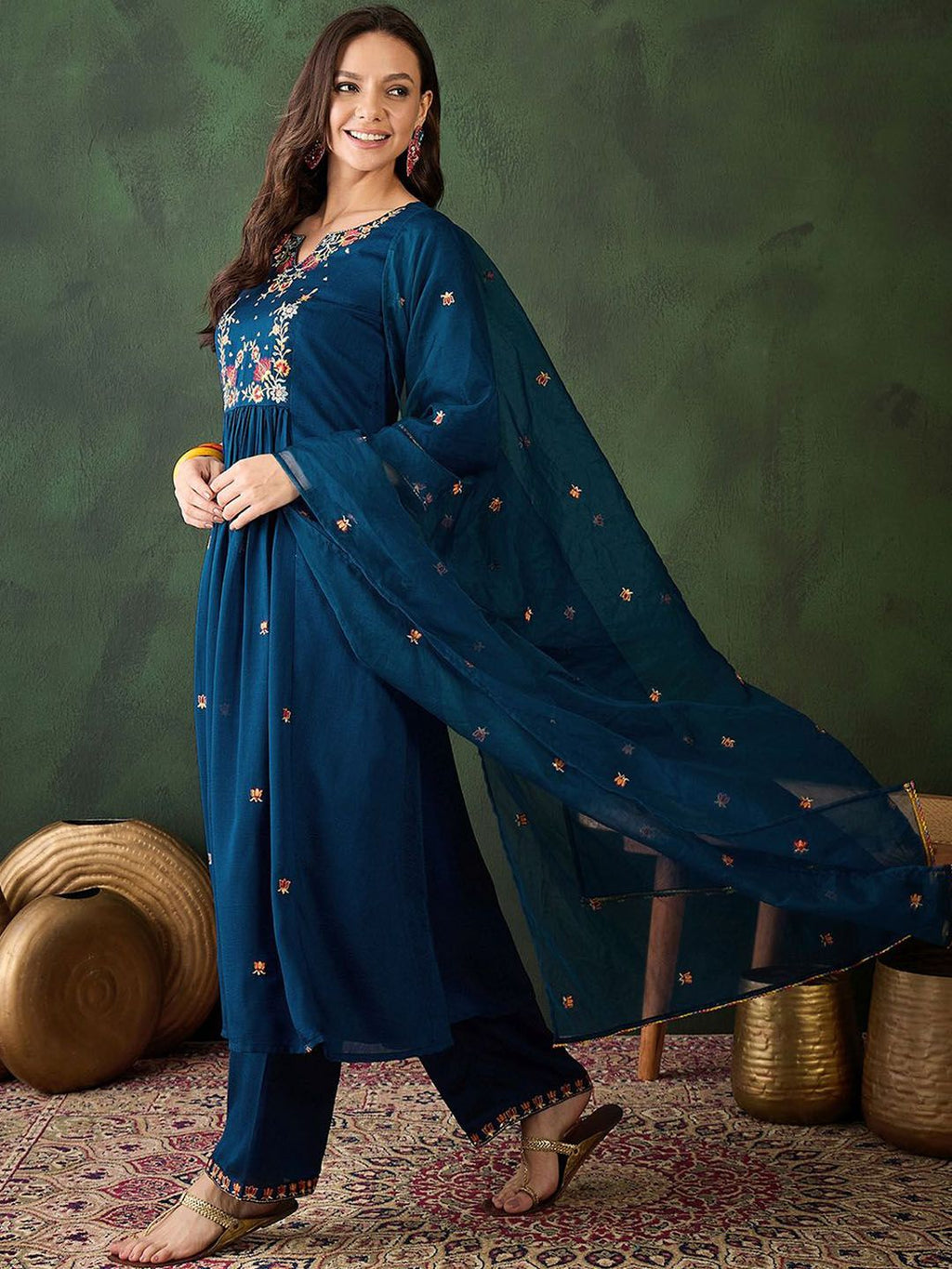 Sangria Floral Embroidered A-Line Kurta & Trousers With Dupatta | Grocsy