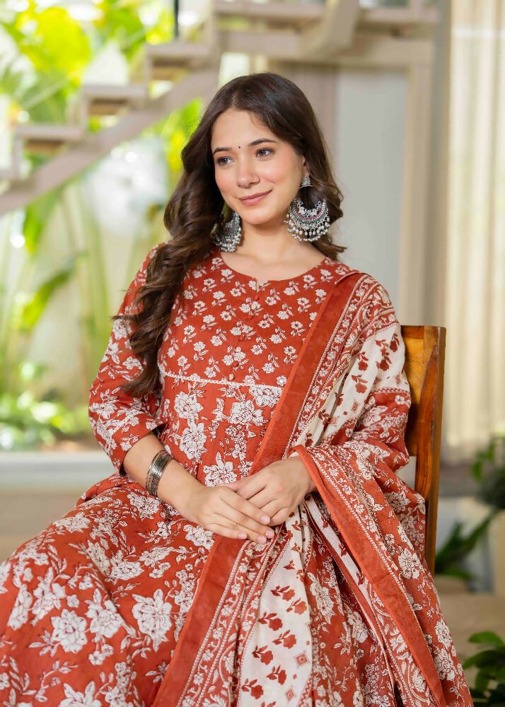 Jaimini Women Cotton Printed Round Neck 3/4 Sleeves Calf Length Flared Kurta Pant And Dupatta Set | Grocsy