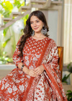 Jaimini Women Cotton Printed Round Neck 3/4 Sleeves Calf Length Flared Kurta Pant And Dupatta Set | Grocsy