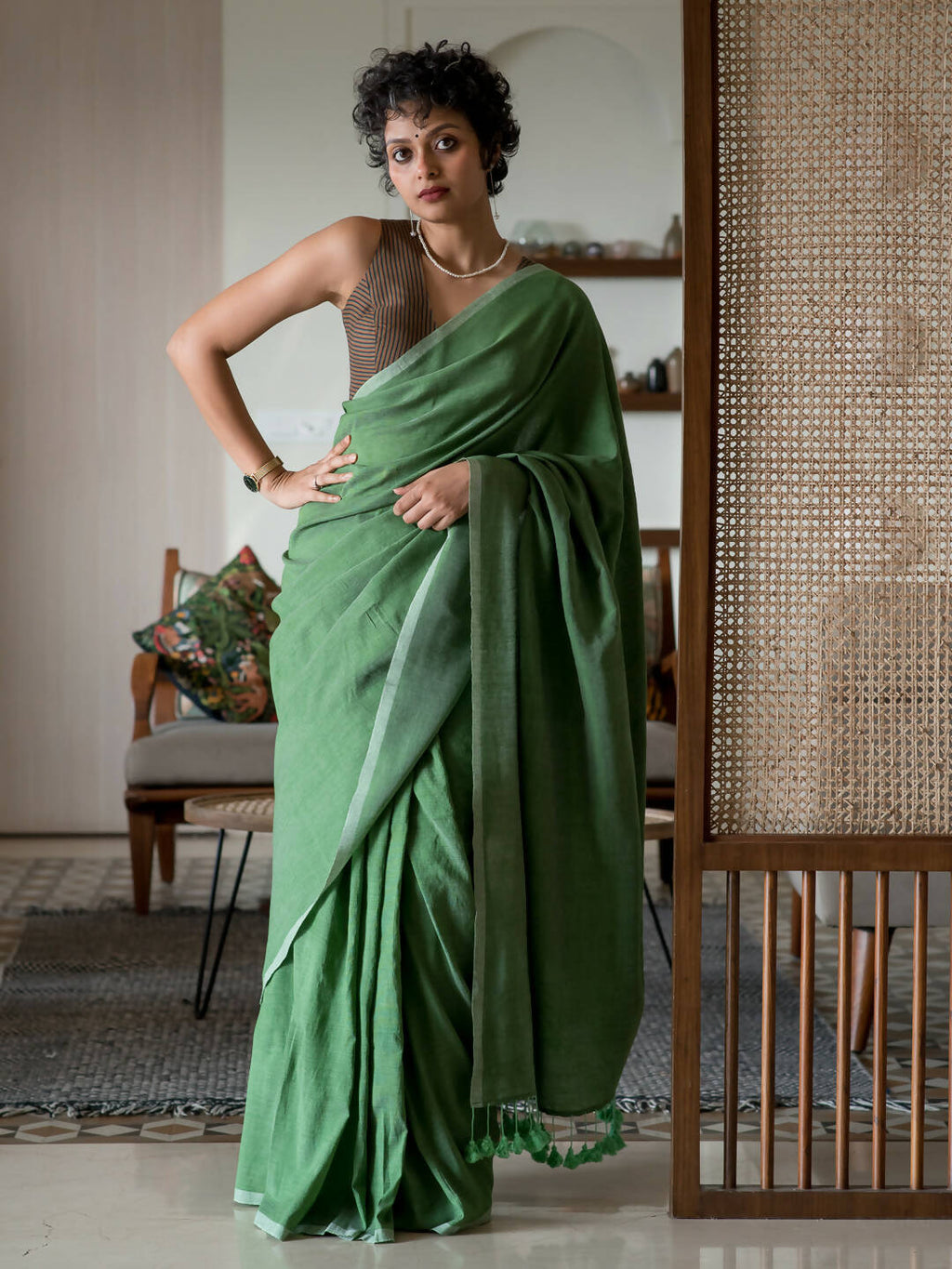 Suta Green Solid Cotton Blend Saree | Grocsy
