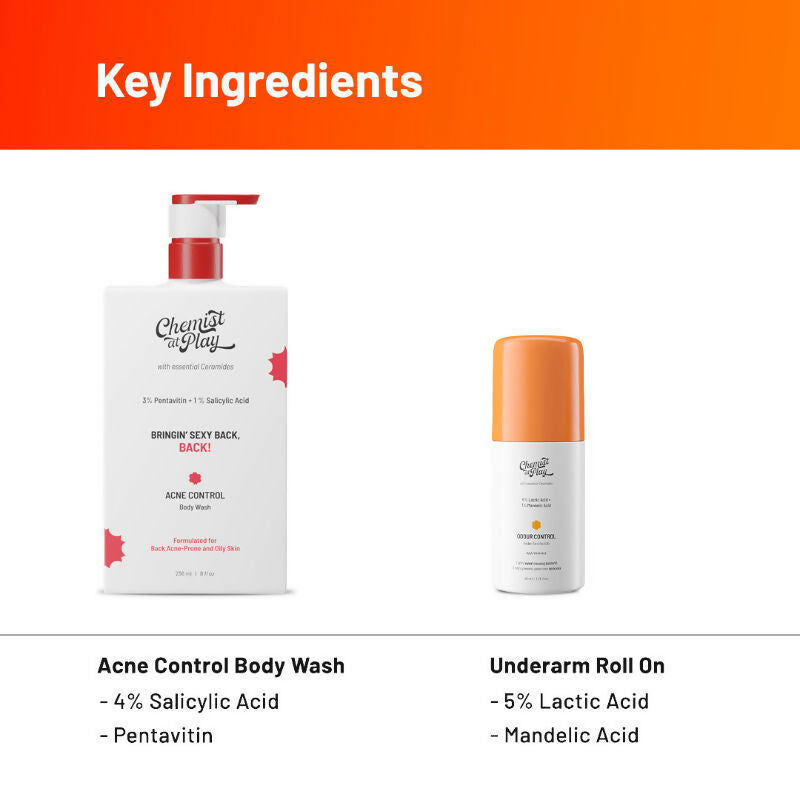 Chemist At Play Salicylic Acid Acne Body Wash & AHA Underarm Roll On Combo | Grocsy