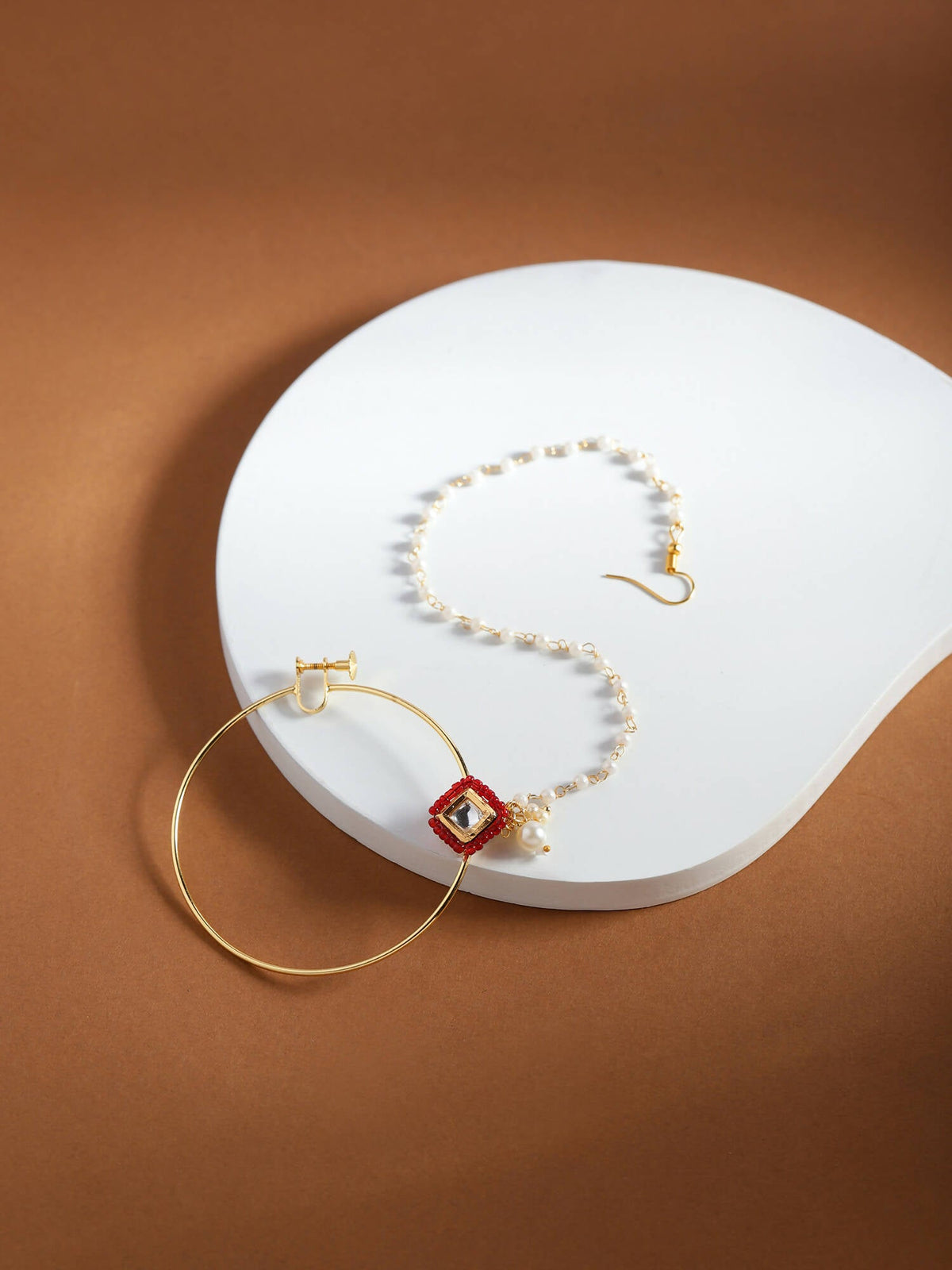 White Red Gold-Polished Kundan-Studded Beaded Nosepin - Ruby Raang | Grocsy